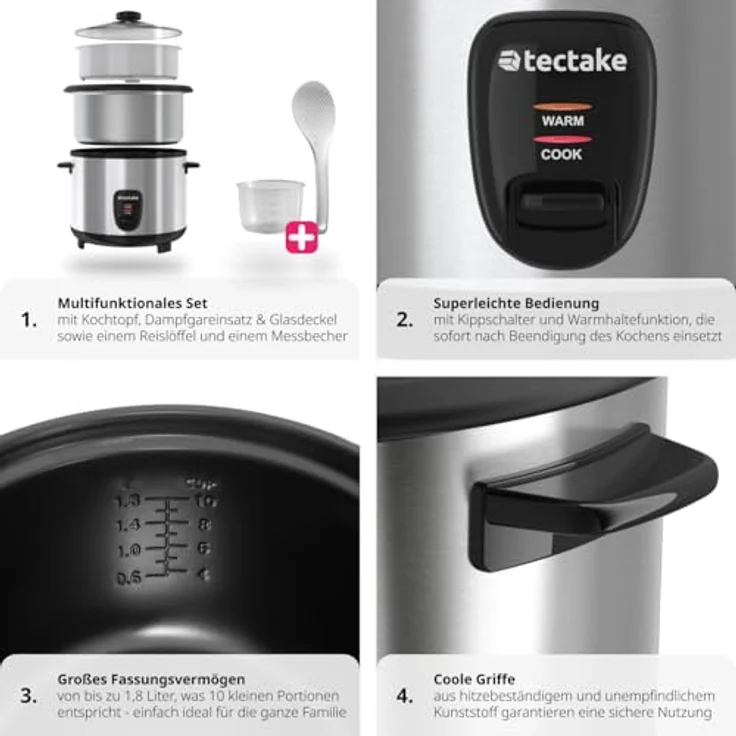 tectake® Reiskocher, Rice Cooker, Steamer Pot, Reis Maker mit Dampfgarer Einsatz, Topf, großes Volumen 1,8 l, bis zu zehn Portionen Klebereis, Vollkornreis oder Sushireis, Stahlgehäuse, Warmhaltefunktion – Bild 5