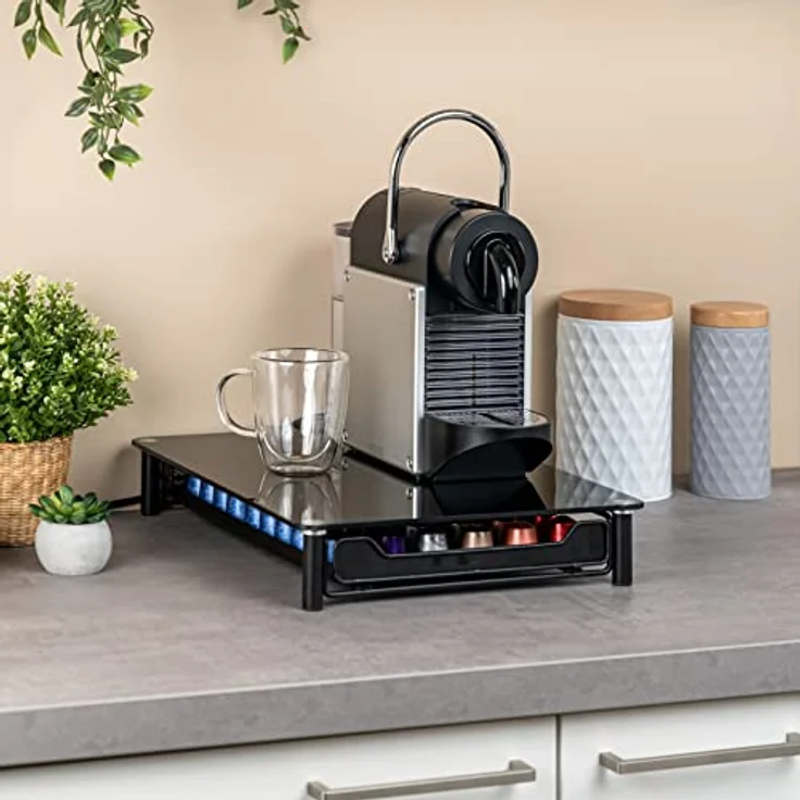 bremermann Kaffeekapsel-Box für 60x Nespresso, Schubladenbox aus Metall mit Glasplatte, Kapselspender in Schwarz, ca. 31 x 7 x 40,5 cm – Bild 2