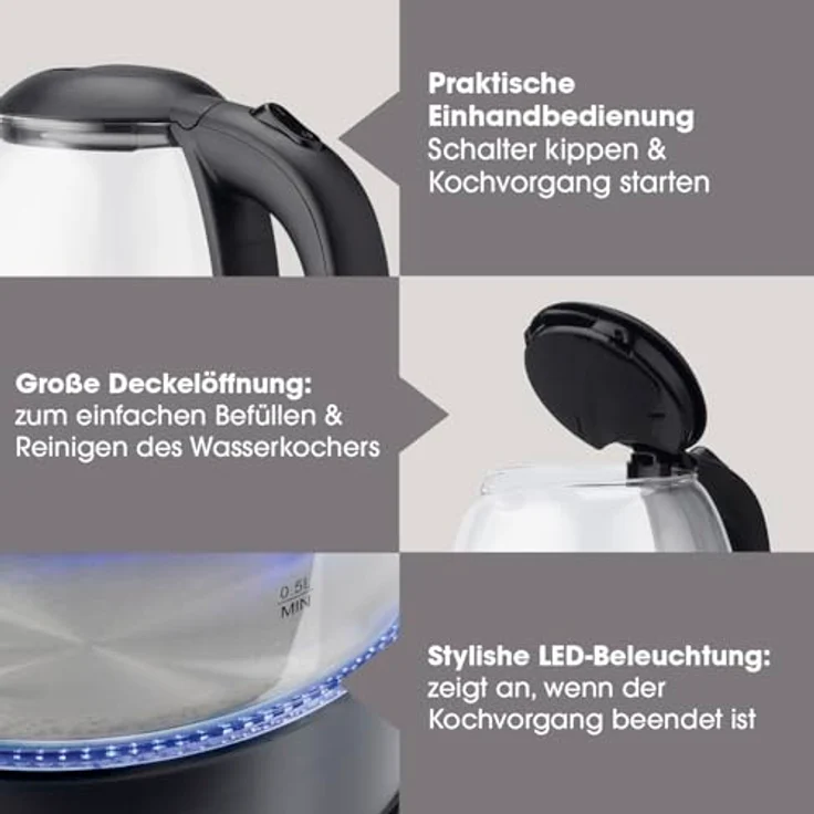GOURMETmaxx Glas-Wasserkocher mit LED-Beleuchtung 1,7 l | Modernes Design, kabellose Flexibilität & automatische Abschaltung | Wasserstandsanzeige | Perfekt für Tee [Schwarz] – Bild 3