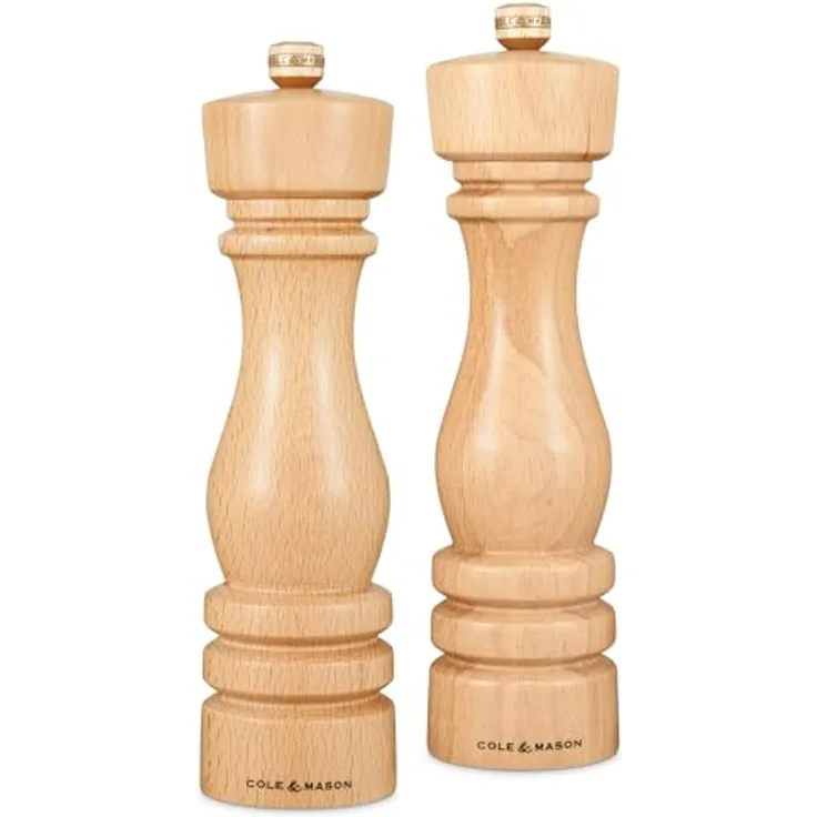 Cole & Mason H233011 London Salz- und Pfeffermühle, 2er Set manuell, 22 cm, aus Buchenholz mit präzisem Keramik- und Carbonstahlmahlwerk, einstellbar für verschiedene Mahlgrade