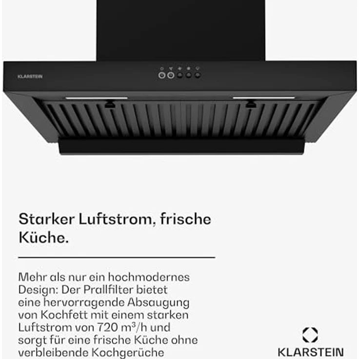 Klarstein AeroClean Dunstabzugshaube 60 cm, Wandhaube mit Boost-Modus 721 m³/h, A++ Energieeffizienz, LED-Beleuchtung 3800-4200 K, Schwarz, Abluft & Umluft – Bild 2