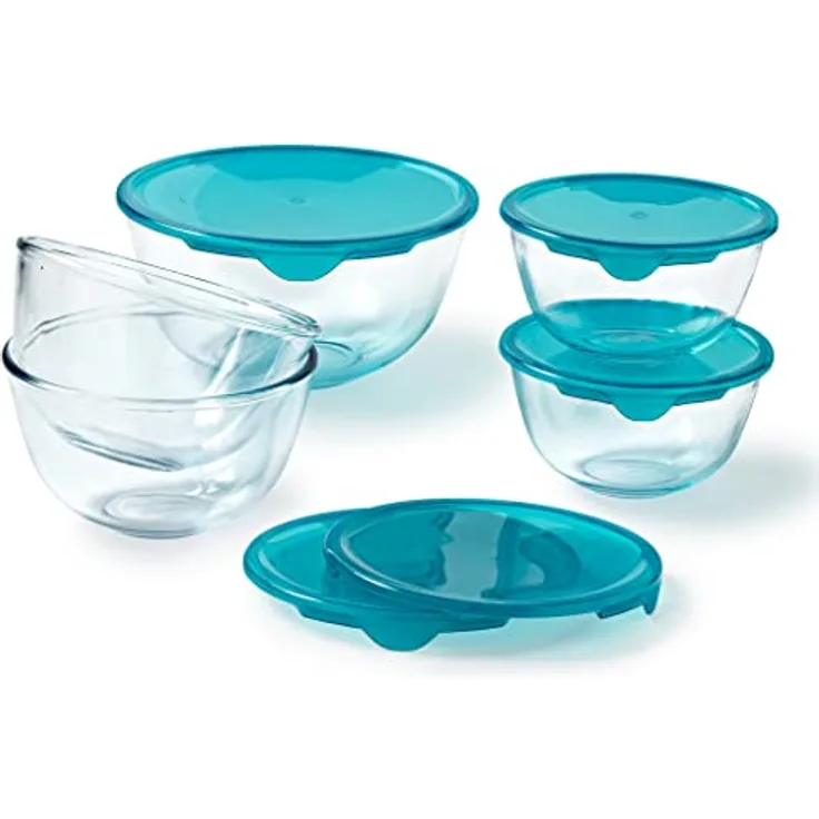 Pyrex® Set mit 5 Rührschüsseln aus borosilikat Glas, BPA-frei, mikrowellen- und backofengeeignet (2 x 0,5 l + 2 x 1 l + 1 x 2 l)