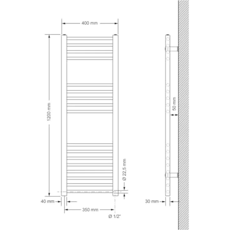LuxeBath Badheizkörper 400x1200mm Chrom Gerade Heizkörper mit Seitenanschluss, 309 Watt Wärmeleistung, Wandmontage-Set inklusive – Bild 2