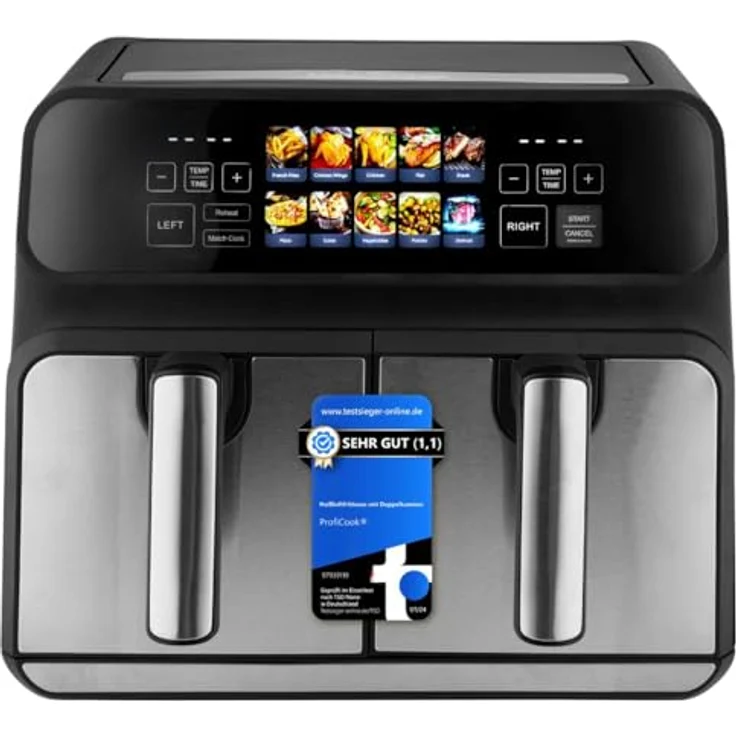 ProfiCook® Heißluftfritteuse 2 Kammern | 8L Heißluftfritteuse Doppelkammer | kein Öl oder Fett | Air Fryer m. Color-Display | Doppel Heißluftfritteuse 2200 Watt | Heißluftfritteuse XXL | PC-FR 1287 H – Bild 1