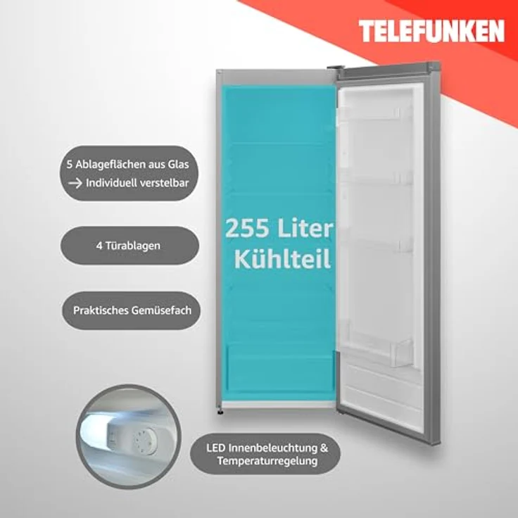 TELEFUNKEN Kühlschrank ohne Gefrierfach 255 Liter | Standkühlschrank groß | Vollraumkühlschrank freistehend mit Gemüsefach | LED-Beleuchtung | Türanschlag wechselbar | KTFK265ES2 silber – Bild 3