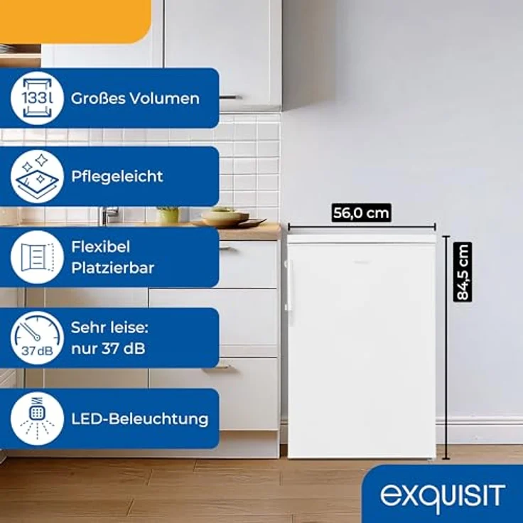 Exquisit KS516-V-H-010C Kühlschrank ohne Gefrierfach, 133 Liter, 3 Glasablagen, manuelle Temperaturregelung, wechselbarer Türanschlag, weiss – Bild 3