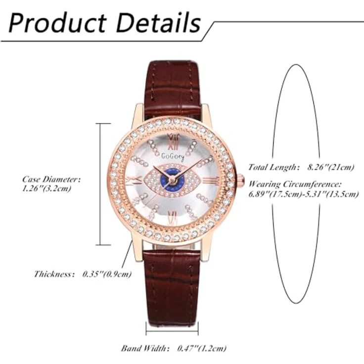 JewelryWe Analog Quarz Armbanduhr Damen, Braun mit bösem Blick und römischen Ziffern, PU Lederarmband und Strass-Dekor – Bild 4