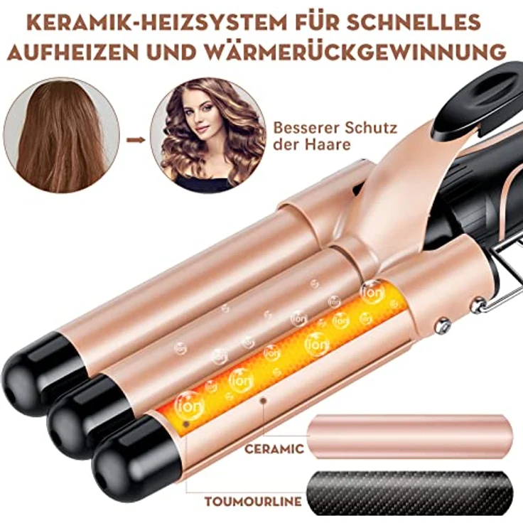 Lockenstab set 5 in 1 Welleneisen - Lockenstäbe 3 Fässer für Große Keine Locken Keramik Lockenwickler mit Verschiedenen Aufsätzen Temperatureinstellung Schnelle Erwärmung mit Handschuh und 2 Clips – Bild 4