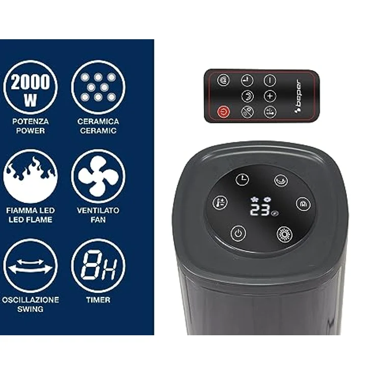 BEPER P203TER011 Keramik-Heizlüfter, 2000W, programmierbarer Timer, Touch-Bedienfeld, LED-Anzeige, Doppelfunktion mit Fernbedienung, Schwarz – Bild 2