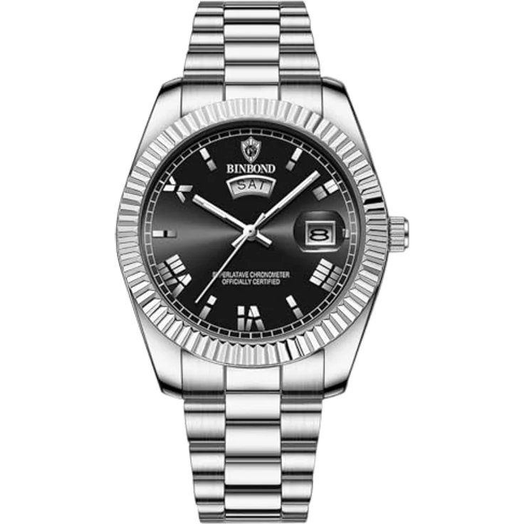 JewelryWe Herrenuhr Edelstahl, 30m wasserdicht, Analog Quarz, Woche & Datum, Leuchtzeiger, schwarzes Zifferblatt mit römischen Ziffern – Bild 1