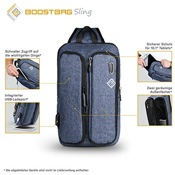 BoostBoxx Boostbag Sling Crossbag, Umhängetasche mit USB-Ladeport und gepolstertem Fach für 10,1 Zoll Tablets, schwarz – Bild 2