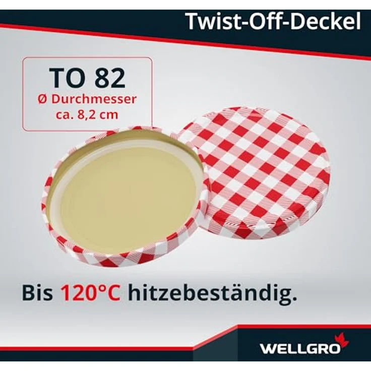 WELLGRO Einmachgläser TO 82, luftdichte Rundgläser mit Schraubdeckel, rot kariert, 635ml, 12 Stück, Made in Germany – Bild 4