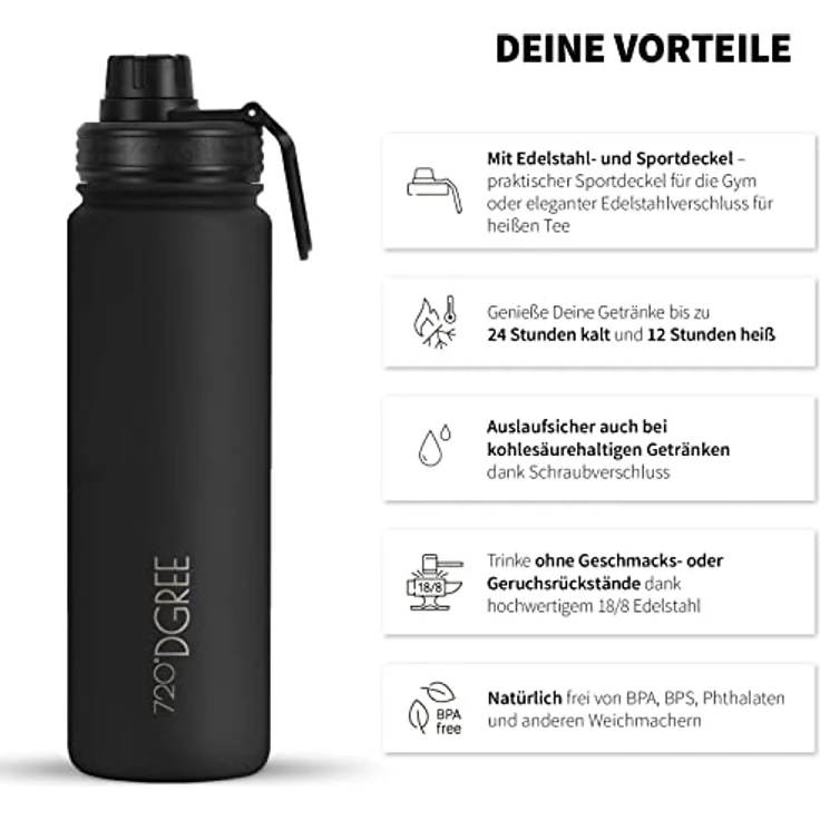 Trinkflasche Doppelwandig Edelstahl 710ml Isolierflasche m. Gratis Sportdeckel 720 DGREE noLimit onyx black – Bild 2