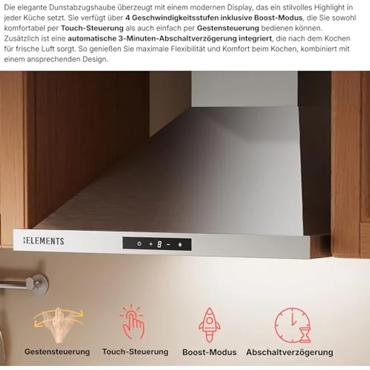KB ELEMENTS Dunstabzugshaube 60cm, Umluft/Abluft mit 650m³/h Saugleistung, Brushless-Motor, Touch-Gestensteuerung, Edelstahl, inklusive 2 Aktivkohlefilter und 2 Baffle-Fettfilter – Bild 2