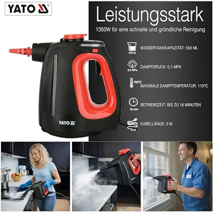 YATO YT-85760 Handdampfreiniger 1350W – Chemiefreier Dampfreiniger mit 110°C, 15s Aufheizzeit, 550ml Tank, Fugen- & Teppichreiniger mit Zubehör – Bild 2