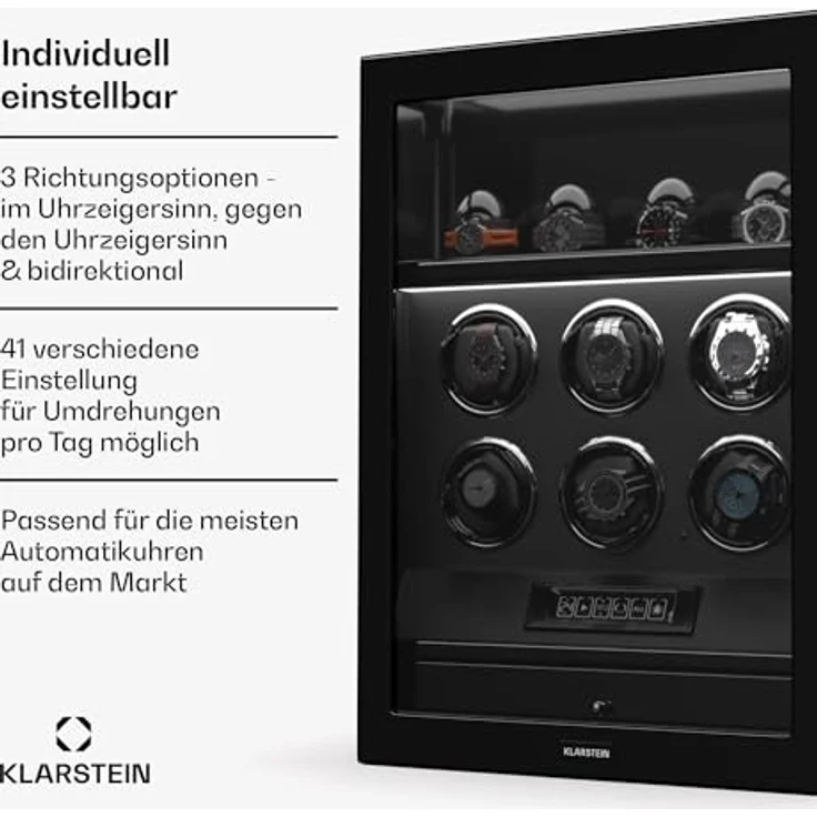Klarstein SecureTouch Uhrenbeweger, 6+4 Uhren, Mabuchi Motor, Klavierlack, 41 Modi, Fingerabdruckschloss, mit LEDs – Bild 3