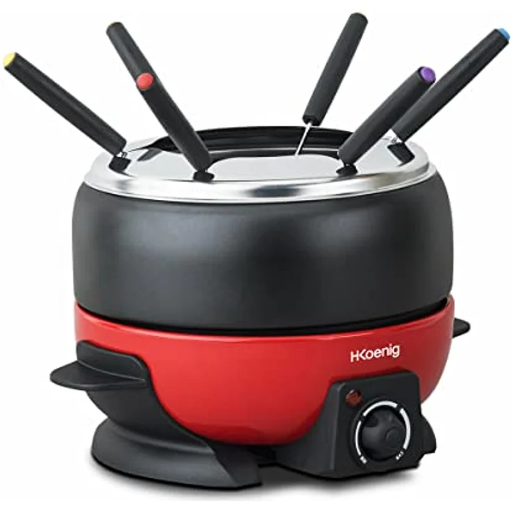 H.Koenig ALP1800 elektrisches Fondue Set - 6 Personen - 6 Fonduegabeln - Temperatur 25°C bis 190°C - 2 L - Antihaftbeschichtung - 800 W - rot-schwarz – Bild 2