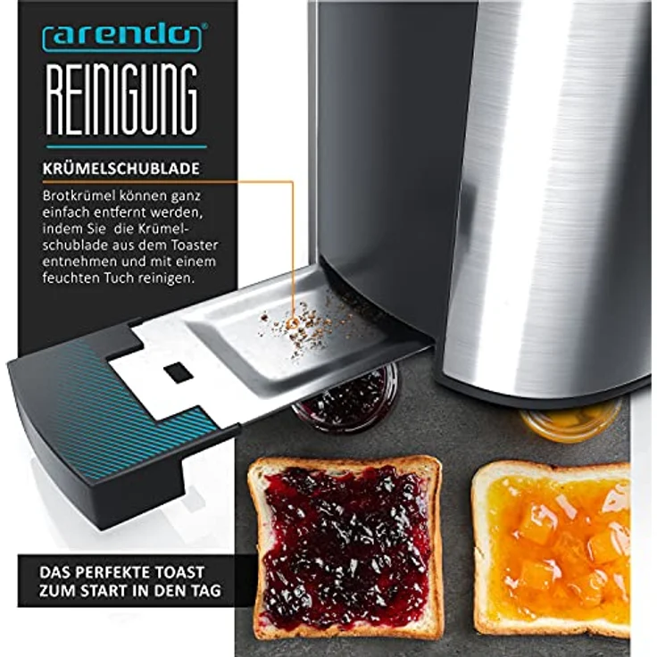Arendo Frukost 2-Scheiben-Edelstahl Langschlitz-Toaster - Defrost Funktion - Wärmeisolierendes Doppelwandgehäuse - mit Brötchenaufsatz - Silber Edelstahl – Bild 5
