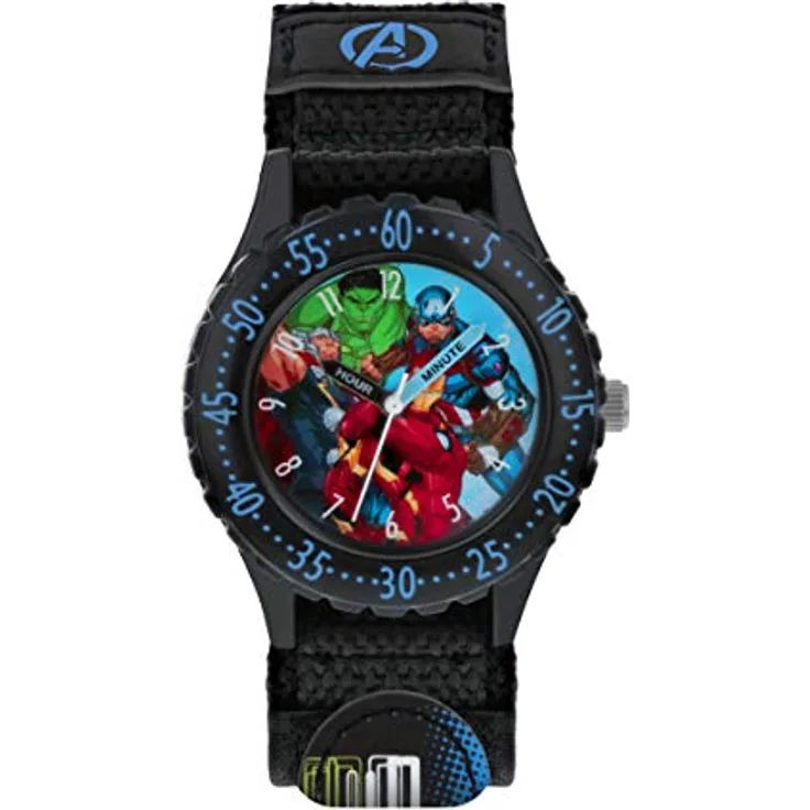 Avengers Marvel Jungen Analog Quarz Armbanduhr AVG5008 mit Zifferblatt im Avengers-Design, schwarzes Stoffarmband mit Klettverschluss