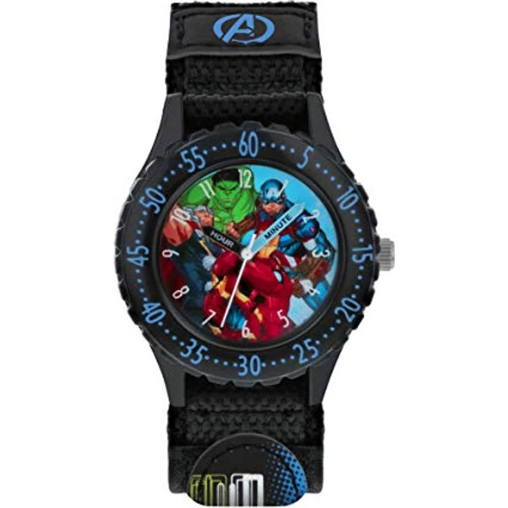 Avengers Marvel Jungen Analog Quarz Armbanduhr AVG5008 mit Zifferblatt im Avengers-Design, schwarzes Stoffarmband mit Klettverschluss – Bild 1