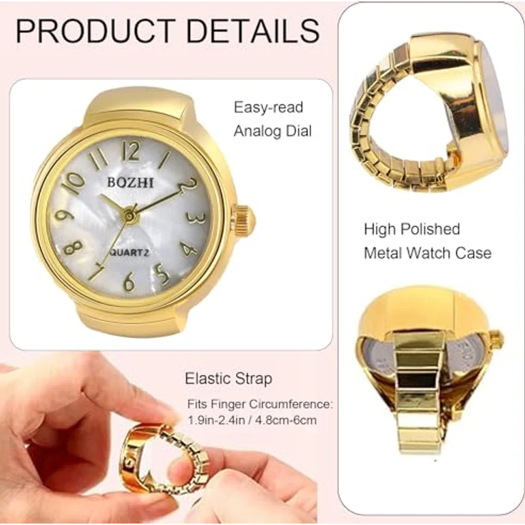 JewelryWe Fingeruhr für Damen und Herren, Quarzwerk, rund, elastisches Armband, Arabisches Gold, wasserdicht, inklusive Geschenkbox – Bild 4