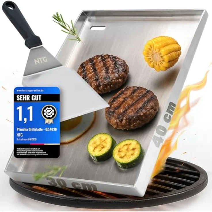 NTG Plancha Grillplatte Edelstahl 40×30 cm, rostfrei, 4 mm dick, inkl. Spachtel, für Gasgrill und Kohle – Bild 1