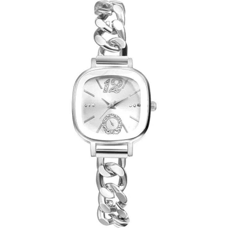 JewelryWe Damenuhr Kleine Quadratische Uhr, Zirkonia Glitzer Analog Quarz, Silber mit kubanischem Metallarmband und Eckigem Zifferblatt – Bild 1