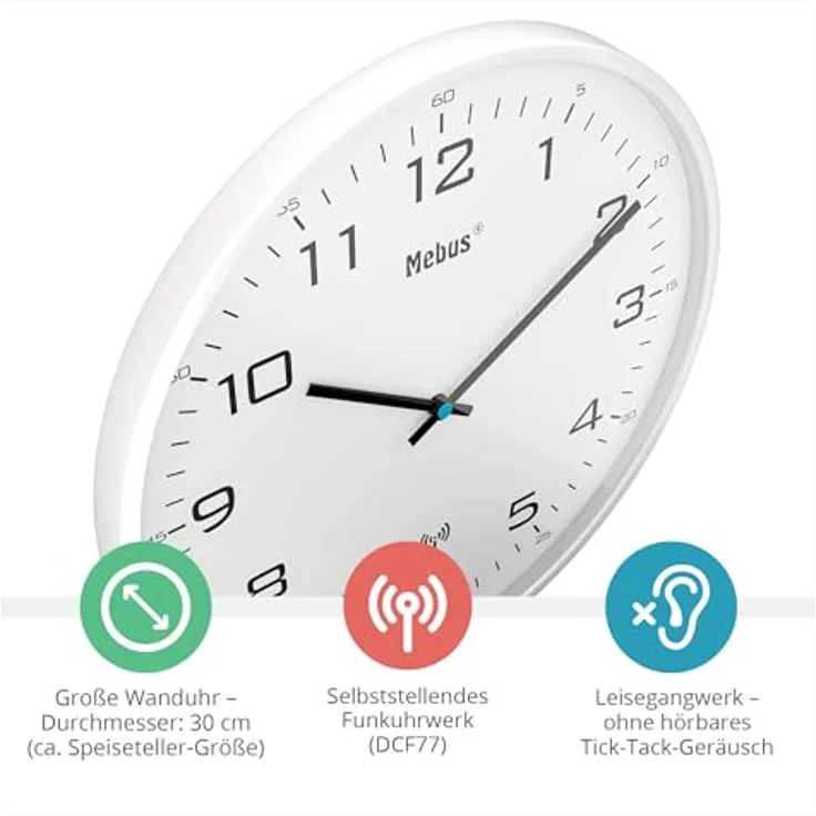 Mebus Funk-Wanduhr Modell 13080, 30 cm, lautlos, weißer Rahmen und weißes Zifferblatt, ideal für Wohnzimmer und Küche – Bild 2