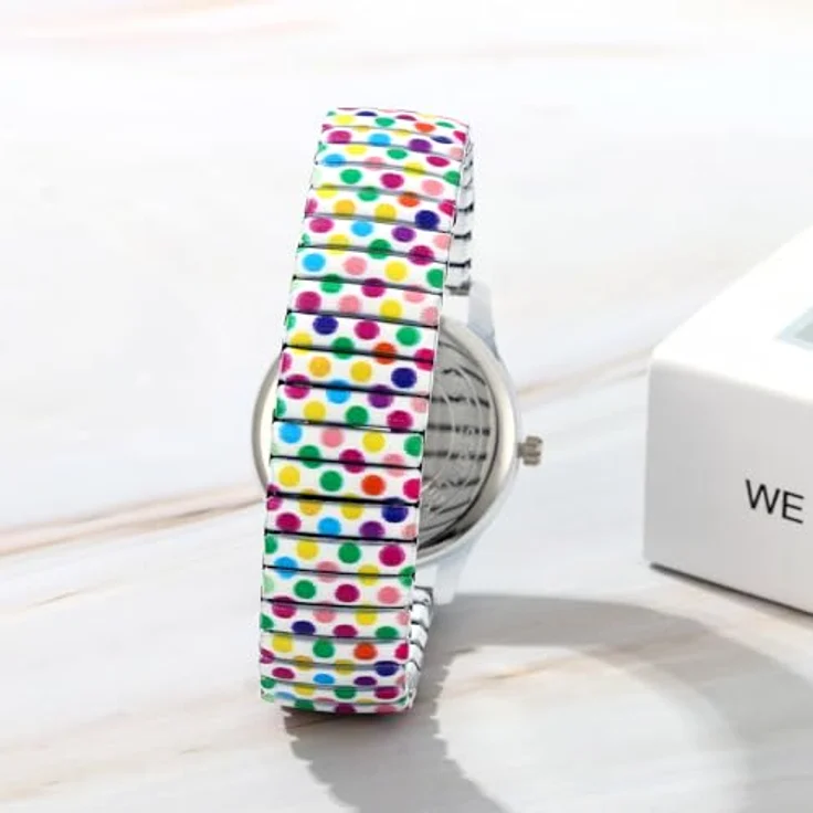 JewelryWe Boho Damenuhr, Elastische Quarz Armbanduhr mit Bunte Polka Dots, Edelstahl Zugarmband, 10M Wasserdichtigkeit, Große Zahlen Zifferblatt – Bild 3