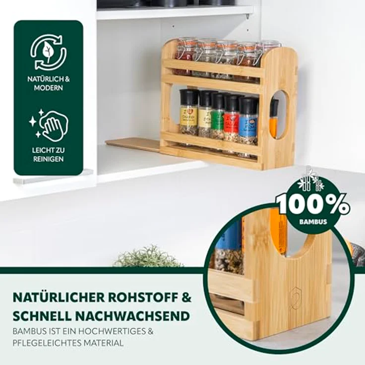 eluno Gewürzregal ausziehbar mit 2 Etagen aus Bambus 29 x 10 x 24,5 cm, praktischer Schrankorganizer in warmem Naturton – Bild 7