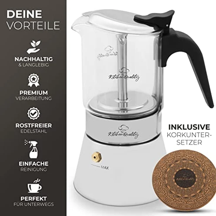 KitchenQuality Espressokocher, Edelstahl und Borosilikatglas, für alle Herdarten, inkl. Portionierlöffel & Untersetzer, Maße 17,5x10 cm – Bild 3