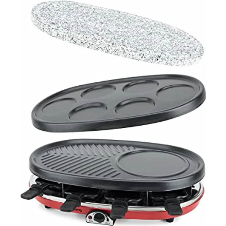 H.Koenig RP418 Raclette-Gerät 4 in 1 - 8 Personen - Raclette, Natursteingrill, Crepe-Platte und Grillplatte - mit 8 Pfännchen - 1500 W - schwarz-rot – Bild 6
