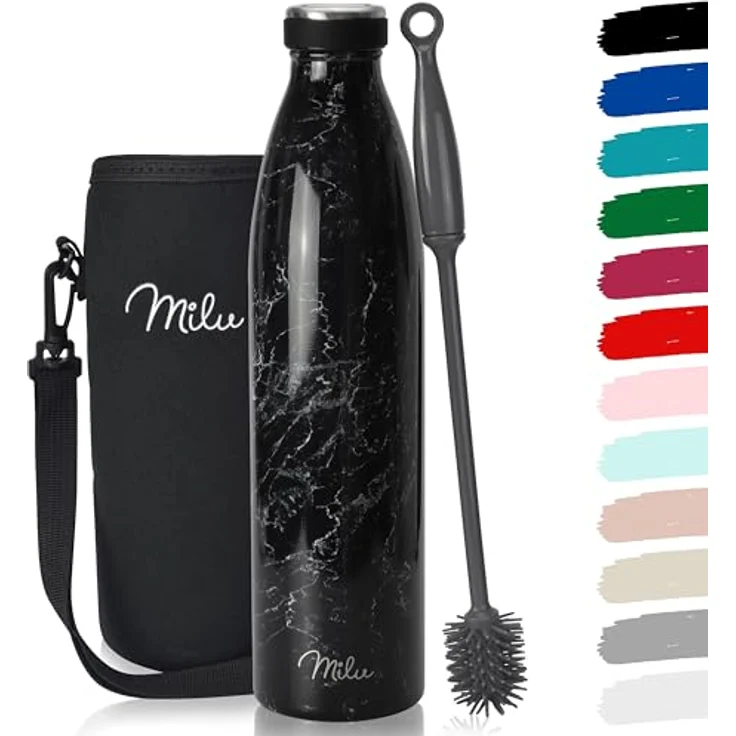 Milu Edelstahl Trinkflasche 750ml, doppelwandige Thermosflasche, auslaufsicher und kohlensäuregeeignet, Granit, inkl. Reinigungsbürste – Bild 1