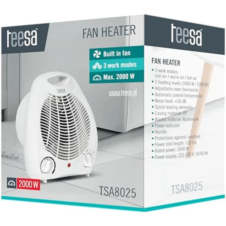Teesa Heizlüfter TSA8025 3 Funktionsmodi, 2 Heizstufen (1000 W, 2000 W), Einstellbarer Thermostat, Überhitzungsschutz, weiß, 240 V, Heizlüfter – Bild 5