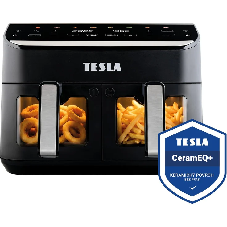 TESLA AirCook DualHeat QD464 XXL, digitale Heißluftfritteuse mit zwei Anzeigen, Schwarz