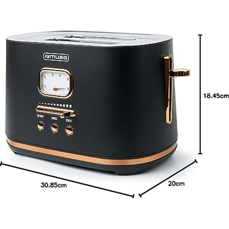 Muse Edelstahl-toaster im schwarzen retro Design, analoge Anzeige, beleuchtete Tasten, 6 Bräungsstufen, 2 Scheiben, MS-130 BC, Vintage Look, mit Krümelschublade – Bild 5