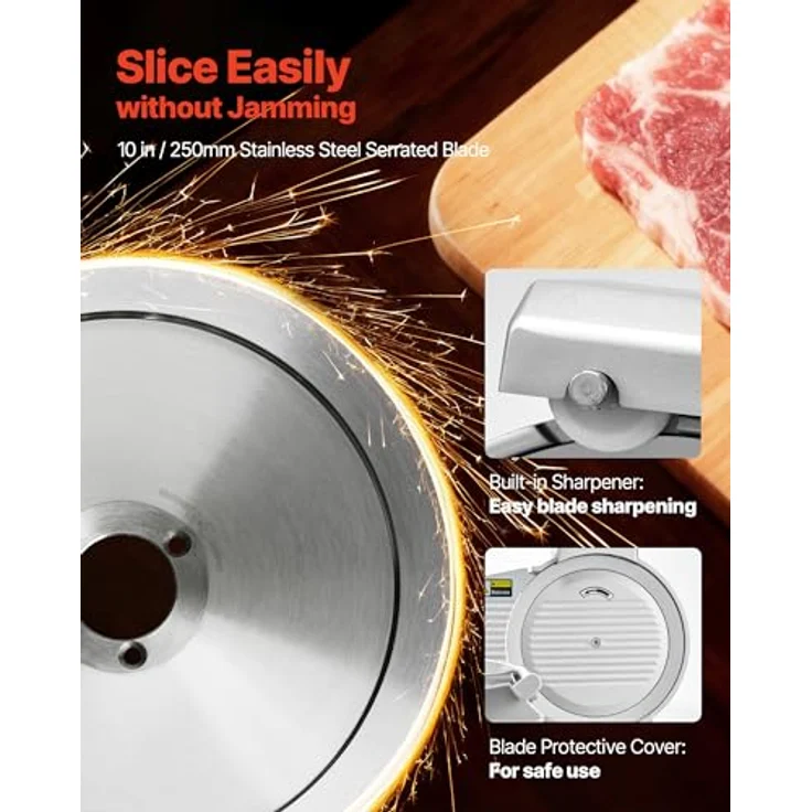 VEVOR Allesschneider 320 W, elektrische Aufschnittmaschine mit 25 cm Klinge, einstellbare Dicke 0-10 mm für gefrorenes Fleisch und Schinken, Silber – Bild 3