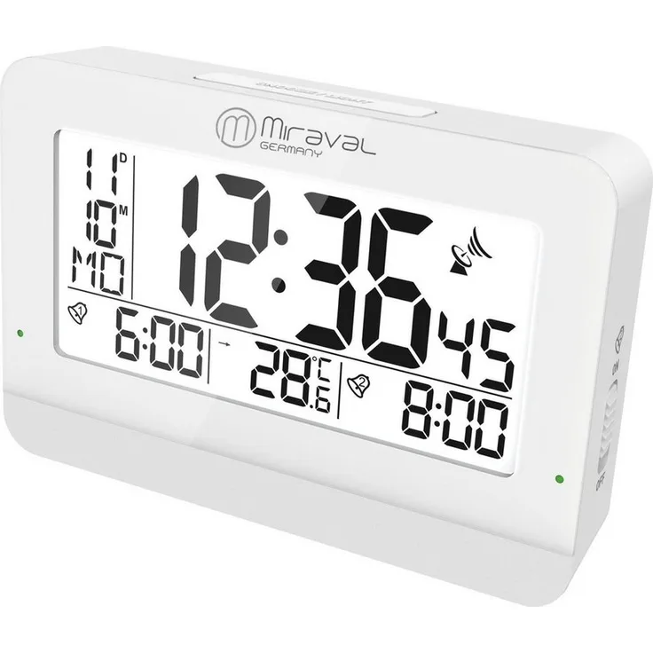 Miraval Germany Funkwecker digitaler LCD-Funkwecker Datum Temperatur 2 Alarme Hintergrundbeleuchtung Weiß