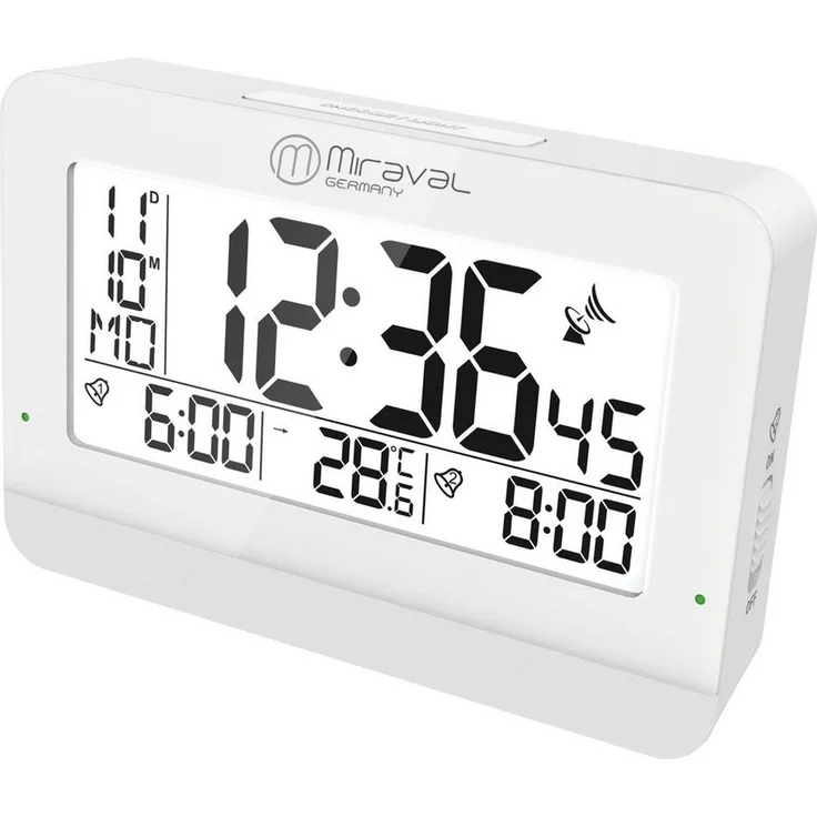 Miraval Germany Funkwecker digitaler LCD-Funkwecker Datum Temperatur 2 Alarme Hintergrundbeleuchtung Weiß