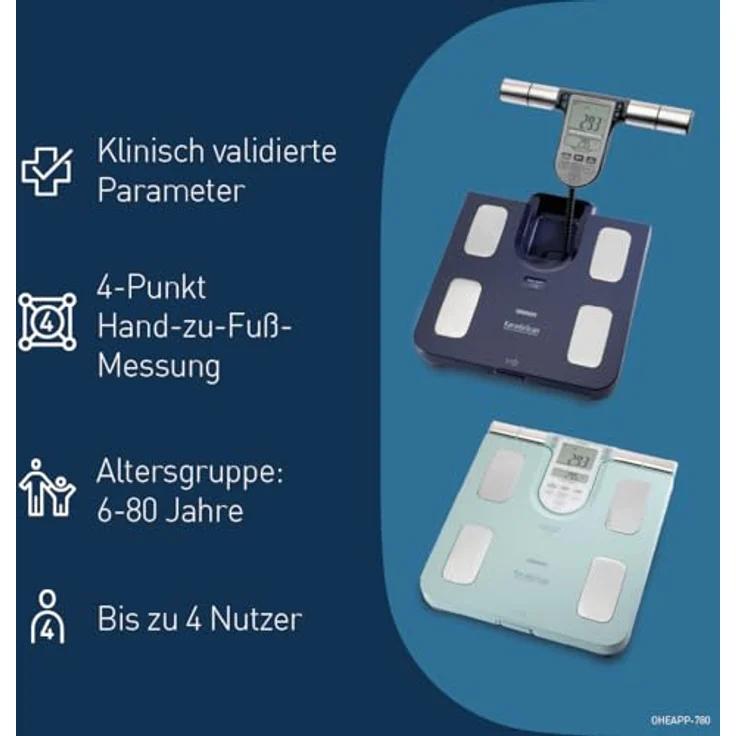 Omron Ganzkörperanalyse, Waage BF511 mit Hand, zu, Fuß, Messung, türkis, misst Körperfett, Gewicht, Viszeralfett, Skelettmuskelmasse, Kaloriengrundumsatz und BMI – Bild 5