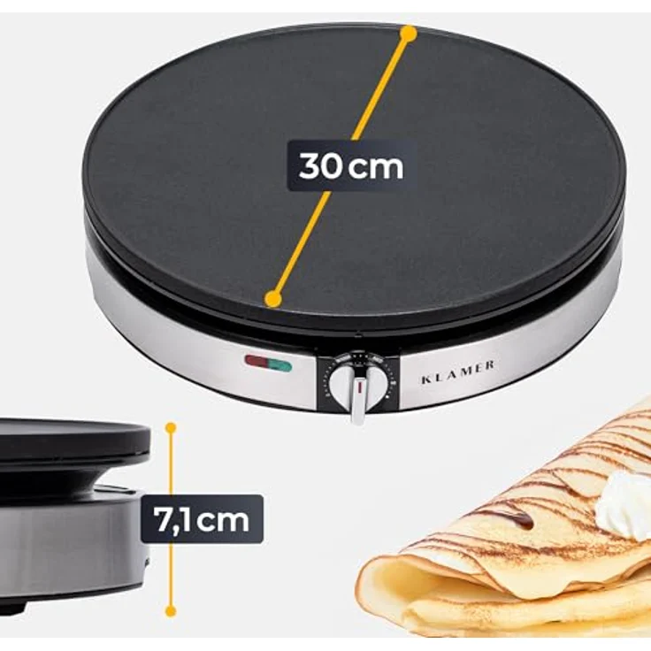 KLAMER Crêpesmaker 30 cm, 1400 W, Antihaftbeschichtung, stufenlose Temperatureinstellung, inkl. Teigverteiler und Wender – Bild 4