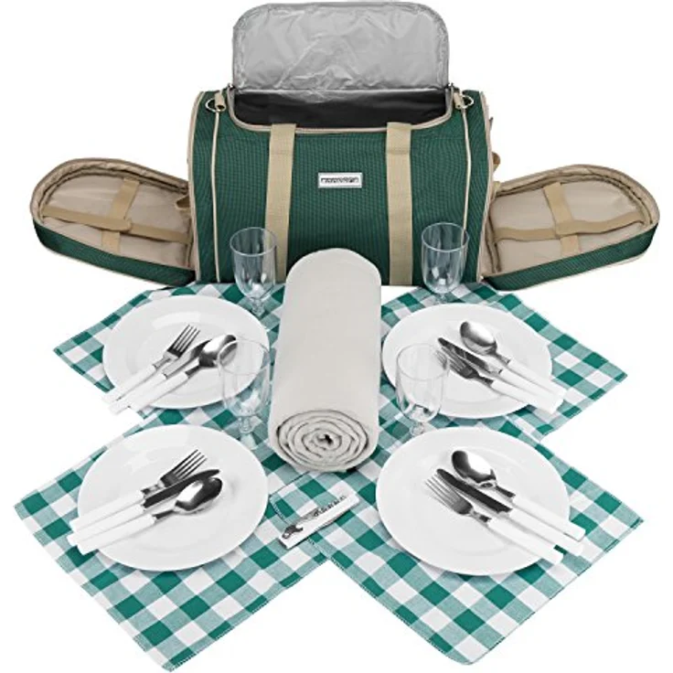 Anndora Picknick Kühltasche Decke Geschirr Besteck 4 Personen dunkelgrün beige – Bild 9