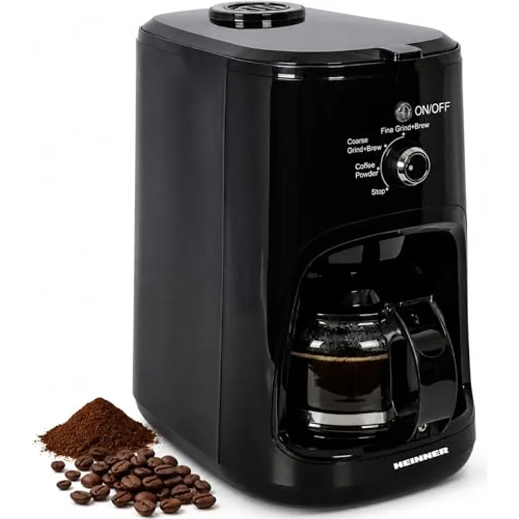 Heinner Grind Control HCM-900RBK, Filterkaffeemaschine mit 900 W, 0,6 L, 36 g Mahlkapazität, einstellbarem Mahlgrad Fein/Grob, Schwarz