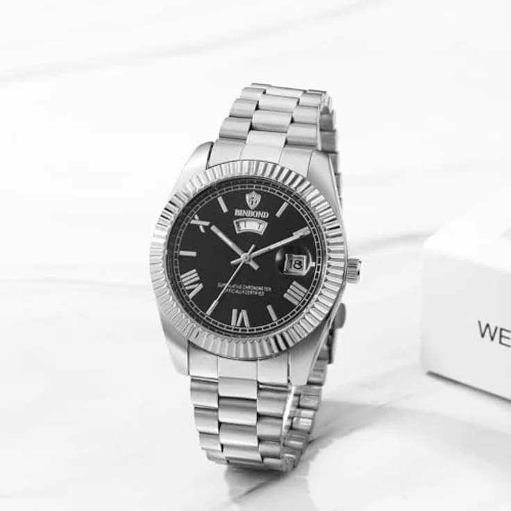 JewelryWe Herrenuhr Edelstahl, 30m wasserdicht, Analog Quarz, Woche & Datum, Leuchtzeiger, schwarzes Zifferblatt mit römischen Ziffern – Bild 2