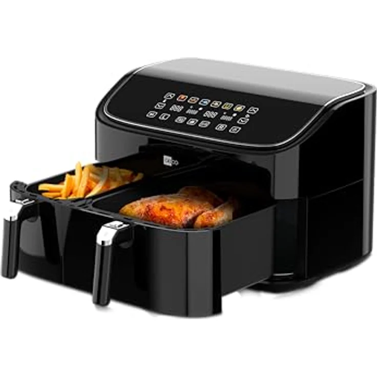aeco DUO Doppelkammer AirFryer 9 Liter (3l & 6l, Sync-Funktion, Heißluftfritteuse mit digitalem Touch-Display & Dehydrierungsfunktion, 2850 Watt, 80°-200° einstellbar, 6 Programme, inkl. Rezeptheft) – Bild 2
