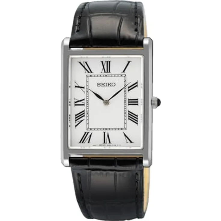 Seiko Klassische Herren-Armbanduhr SWR103P1, Quarz mit weißen Zifferblatt, schwarzem Lederarmband, 27 mm, Saphirglas, wasserdicht bis 50 m
