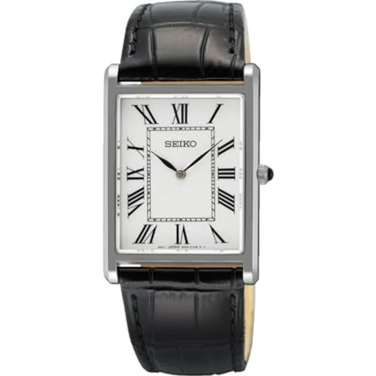 Seiko Klassische Herren-Armbanduhr SWR103P1, Quarz mit weißen Zifferblatt, schwarzem Lederarmband, 27 mm, Saphirglas, wasserdicht bis 50 m – Bild 1