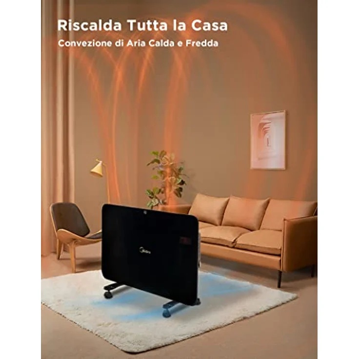 Midea NDK15-15 MRE Elektroheizung, geringer Verbrauch, Konvektor, Glas, 1500 W, warmes Badezimmer, wasserdicht, IPX4 mit Rollen, tragbar, Wand-Konvektor mit Thermostat, Timer 24 h, Schwarz – Bild 4