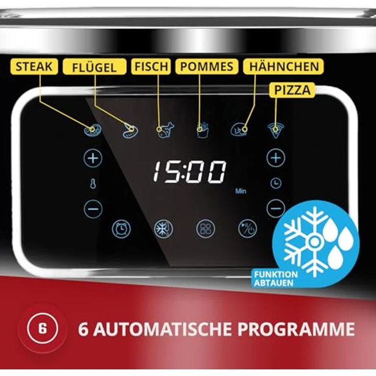 MPM MFR-09 Heißluftfritteuse 5L, 1450 W, 6 Automatikprogramme, fettfreies Kochen, Timer, Temperaturregler, Antihaftbeschichtung – Bild 2