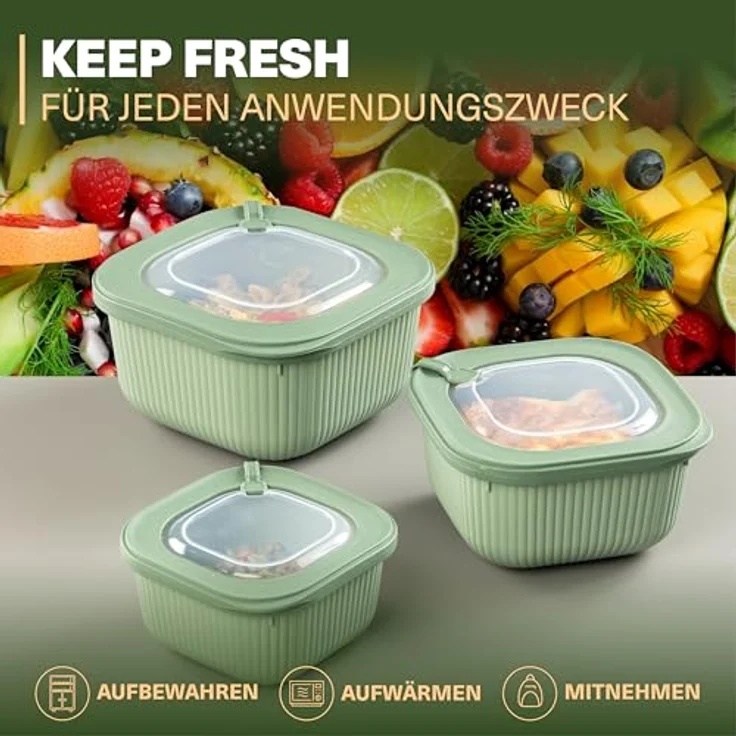 VIWARES Frischhaltedosen 3er Set mit transparentem Ventildeckel, stapelbar, BPA-frei, mikrowellen- und kühlschrankgeeignet, 3 Größen (600ml/1100ml/1800ml) – Bild 5